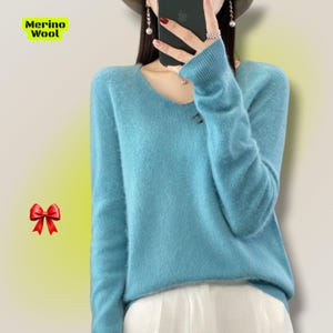 Women Soft Wool Sweaters, Winter Cozy Knit Tops, Relaxed Fit Jumpers, V Neck Winter Pullovers, Long Sleeve Warm Clothes, Gift For Mom